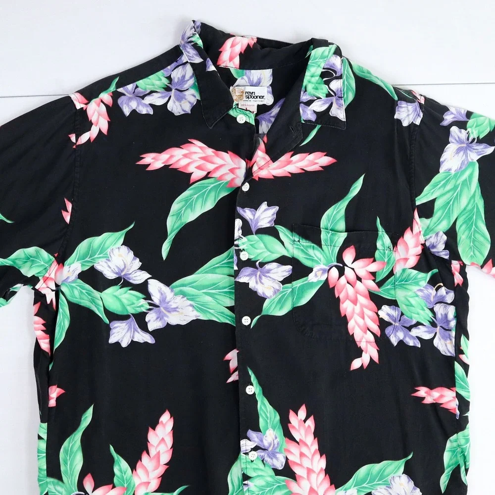 Vintage Reyn Spooner Hawaiian Shirt Mens L Black Floral Rayon Aloha Camp USA‎